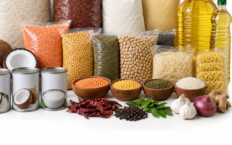 Wholesale bags of red lentils, split peas, mung beans and chickpeas with rice noodles, cooking oil and canned coconut milk.