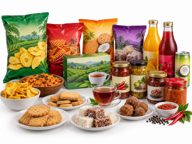 Ambient retail lines: banana chips and savoury snack packs, tea, biscuits, coconut sweets, chilli and lime pickles and bottled drinks.