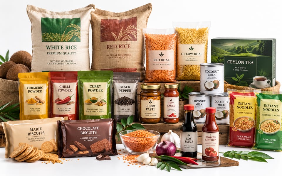 Wholesale Sri Lankan and Asian groceries: sacks of white and red rice, bagged dhal, spice pouches, coconut milk, Ceylon tea, sauces and biscuits.