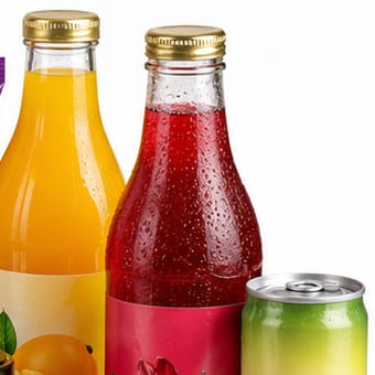 Bottled fruit drinks, a canned coconut drink and jars of pickle.