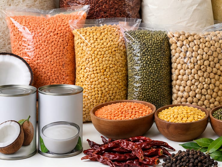 Bagged red lentils, yellow split peas, mung beans and chickpeas beside wooden bowls of pulses.