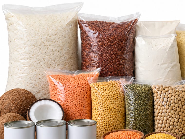 Clear wholesale bags of white rice, red rice, flour and parboiled rice stacked together.