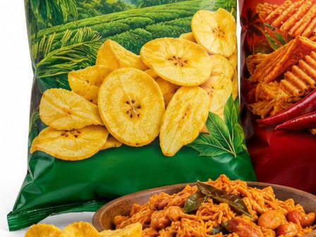 Retail packs of banana chips and savoury snacks with a bowl of spiced snack mix.