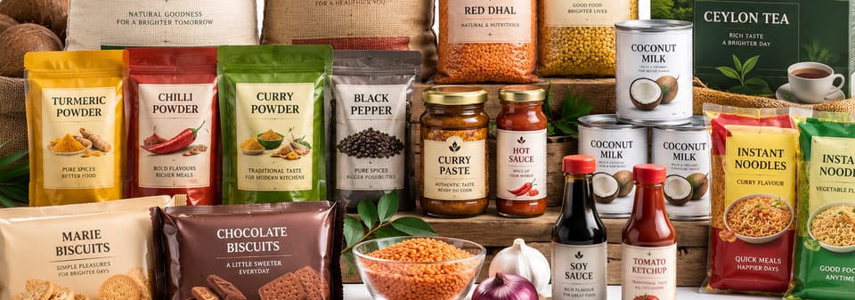 A cross-section of the DVN Trade range: spice pouches, biscuits, curry paste and sauces, canned coconut milk, instant noodles and Ceylon tea.