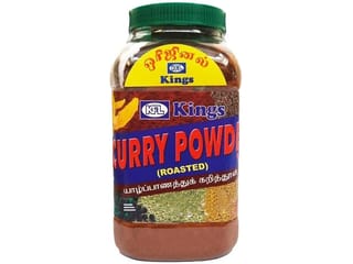 A plastic jar of Kings roasted curry powder, labelled in English and Tamil.