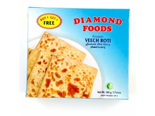 A retail carton of Diamond Foods frozen Veech Roti, showing flatbreads on a plate.