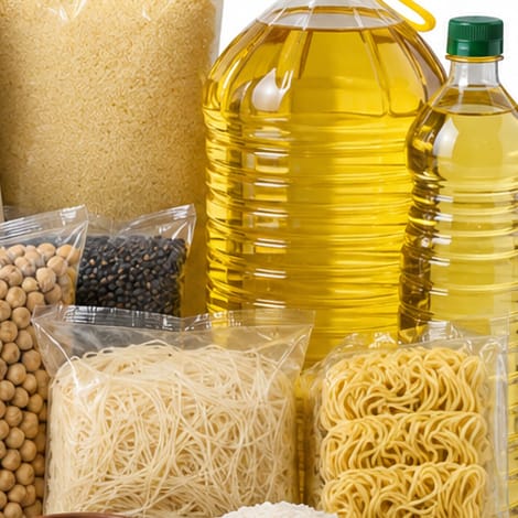 Bottles of cooking oil beside rice noodles, egg noodles, chickpeas and mung beans.