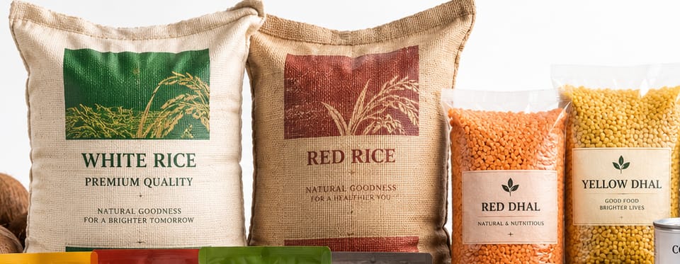 Hessian sacks of white and red rice next to bagged red and yellow dhal on a wooden crate.