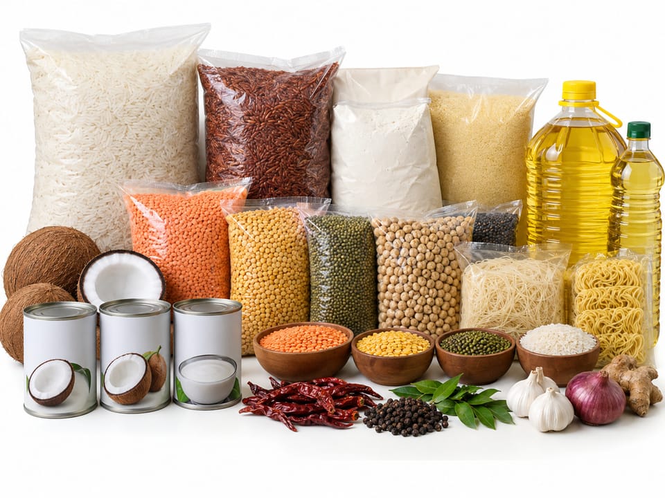 Bulk pantry staples: bagged white and red rice, flour, red and yellow lentils, mung beans, chickpeas, rice noodles, cooking oil and canned coconut milk.